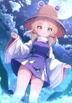  1girl absurdres animal_print blonde_hair blurry blurry_background blush_stickers breasts bright_pupils brown_hat clenched_hands clouds commentary_request darumoon feet_out_of_frame frog_print from_below full_moon hair_ribbon hat high-waist_skirt highres horizontal_pupils looking_at_viewer medium_hair moon moriya_suwako mountainous_horizon night night_sky parted_bangs partial_commentary print_vest purple_skirt purple_vest red_ribbon red_sleeves ribbon ribbon-trimmed_sleeves ribbon_trim shirt skirt skirt_set sky small_breasts smile solo split_mouth standing star_(sky) starry_sky thigh-highs thighs touhou tress_ribbon turtleneck two-sided_fabric two-sided_sleeves vest w_arms water white_pupils white_shirt white_thighhighs wide_sleeves yellow_eyes zettai_ryouiki 