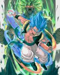  2boys abs absurdres blue_eyes blue_hair broly_(dragon_ball_super) clenched_hand clenched_hands commentary dragon_ball dragon_ball_super dragon_ball_super_broly energy_ball english_commentary glowing glowing_eyes gogeta green_hair highres kornart legendary_super_saiyan male_focus metamoran_vest multiple_boys muscular muscular_male pants pectorals smile super_saiyan super_saiyan_blue white_pants 
