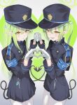  2girls :d absurdres blue_archive blue_jacket blue_shorts blue_skirt blush buttons demon_girl demon_tail double-breasted earrings expressionless fang gloves green_hair green_halo hair_between_eyes half-closed_eyes halo hands_up hat heart heart_background heart_hands heart_hands_duo heart_tail_duo highres hikari_(blue_archive) holding_hands jacket jewelry long_hair miniskirt multiple_girls nonsal_(pix62364634) nozomi_(blue_archive) pantyhose parted_lips pleated_skirt short_shorts shorts siblings sisters skirt smile smug tail twins twintails very_long_hair white_gloves yellow_eyes 
