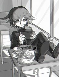  1boy classroom crossed_legs danganronpa_(series) danganronpa_v3:_killing_harmony desk earphones flipped_hair food food_in_mouth full_body gakuran greyscale hair_between_eyes handheld_game_console highres holding holding_handheld_game_console hzz_hz indoors jacket long_sleeves male_focus monochrome nintendo_switch oma_kokichi pants playing_games pocky pocky_in_mouth ringed_eyes school_desk school_uniform short_hair sitting solo window 