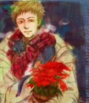 1boy black_cat brown_hair cat chipie_(gnosia) closed_mouth cotori_(globule) flower gloves gnosia looking_at_viewer plant potted_plant red_flower red_scarf scarf short_hair simple_background smile upper_body 