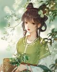  1girl banbi_ruqun basket black_hair bracelet branch chinese_clothes commentary_request cone_hair_bun dress flower green_dress hair_bun hair_flower hair_ornament hair_rings hanfu highres holding jewelry long_sleeves looking_at_viewer original plant solo upper_body yingzi_xiaohongshu 
