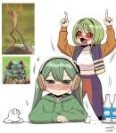  2girls arms_up artist_self-insert blush collarbone creature_and_personification crop_top drawstring drooling drunk frog frog_girl gegegekman green_eyes green_hair green_hoodie headphones highres hood hood_down hoodie horizontal_pupils jacket listening_to_music long_hair midriff multiple_girls navel open_clothes open_jacket open_mouth original photo_inset red_eyes reference_inset slit_pupils snail stomach twintails white_background 