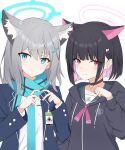  2girls animal_ears black_choker black_hair black_sweater blue_eyes blue_halo blue_jacket blue_scarf bucho1182 cat_ears cat_girl choker clenched_hand closed_mouth colored_inner_hair double_halo drawstring grey_hair halo highres hood hood_down id_card index_fingers_together jacket kazusa_(blue_archive) long_sleeves medium_hair multicolored_hair multiple_girls pink_hair pink_halo pocket red_eyes scarf shiroko_(blue_archive) shirt short_hair smile sweater upper_body white_background white_shirt wolf_ears wolf_girl 