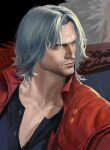  beard closed_mouth coat dante_(devil_may_cry) devil_may_cry_(series) devil_may_cry_5 facial_hair jacket long_hair male_focus mature_male photorealistic realistic red_coat red_jacket solo white_hair yingyuzi010523 