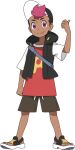  1boy baseball_cap black_hair black_hat black_vest brown_shorts closed_mouth dark-skinned_male dark_skin full_body hand_up happy hat looking_at_viewer male_focus multicolored_hair official_art open_clothes open_vest pink_eyes pink_hair pokemon pokemon_(anime) pokemon_horizons roy_(pokemon) sandals shirt short_hair short_sleeves shorts smile solo standing strap t-shirt thumbs_up toes transparent_background two-tone_hair vest 