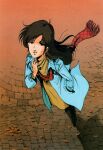  1980s_(style) 1990s_(style) 1girl autumn autumn_leaves boots brown_hair choujikuu_yousai_macross coat english_commentary grin hand_in_pocket hayase_misa highres key_visual long_hair looking_at_viewer looking_up macross macross:_do_you_remember_love? magazine_scan mikimoto_haruhiko official_art promotional_art retro_artstyle scan scarf shadow smile traditional_media walking 