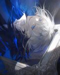  1boy arthropod_boy blue_eyes cape crown diamond_hairband dragonfly_wings eyelashes fate/grand_order fate_(series) fur-trimmed_cape fur_trim grin hair_between_eyes highres insect_wings kkamiiz looking_at_viewer male_focus medium_hair oberon_(fate) oberon_(third_ascension)_(fate) parted_lips picture_frame sidelocks smile solo upside-down white_hair wings 