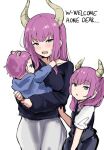  1other 2girls alternate_hairstyle aura_(sousou_no_frieren) baby black_shirt blush commentary contemporary demon_girl demon_horns english_commentary grabbing_another&#039;s_hair hair_down holding_baby horns long_hair looking_at_viewer multiple_girls pokoooo_(fartsonist) purple_hair shirt simple_background sketch sousou_no_frieren white_background 