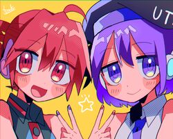  2girls ahoge blush_stickers chromatic_aberration collared_shirt hat kasane_teto multiple_girls nail_polish necktie open_mouth purple_hair red_eyes redhead robot_ears shirt short_hair sleeveless sleeveless_shirt smile star_(symbol) utane_uta utau v violet_eyes yellow_background yuusuke-kun 
