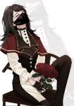  1girl bang_dream! bang_dream!_it&#039;s_mygo!!!!! black_gloves black_hair black_mask black_pants black_vest blue_eyes bouquet capelet commentary earrings flower gloves hashtag-only_commentary highres holding holding_bouquet jewelry long_hair long_sleeves mask mouth_mask on_chair pants red_capelet red_flower red_rose rose shirt simple_background sitting solo two-tone_pants vest white_background white_pants white_shirt yahata_umiri yeyep0911 zoom_layer 