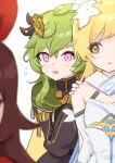  3girls amber_(genshin_impact) bare_shoulders blonde_hair blurry blurry_foreground blush brown_hair cape collei_(genshin_impact) detached_sleeves dress flower flying_sweatdrops genshin_impact green_cape green_hair hair_between_eyes hair_flower hair_ornament hiding hiding_behind_another lumine_(genshin_impact) multiple_girls open_mouth peeking_out pink_eyes simple_background sweat tomamatto upper_body white_background white_dress white_flower yellow_eyes 