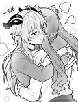  2girls absurdres ahoge blush blush_visible_through_hair choker cinnamyon commentary contemporary english_commentary ganyu_(genshin_impact) genshin_impact greyscale heart heart_ahoge heart_choker highres horns hug keqing_(genshin_impact) long_hair long_sleeves monochrome multiple_girls parted_lips patreon_username school_uniform serafuku shirt twintails yuri 