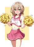  1girl alternate_costume bare_shoulders blush brown_hair cheerleader collarbone colored_eyelashes commentary_request cowboy_shot embarrassed eyes_visible_through_hair full-face_blush green_eyes hair_between_eyes hair_intakes hands_up highres holding holding_pom_poms long_hair looking_at_viewer low_side_ponytail mikuni_sairi miniskirt motion_lines navel open_mouth pleated_skirt pom_pom_(cheerleading) raised_eyebrows red_shirt red_skirt sesen2000 shirt simple_background skirt sleeveless sleeveless_shirt solo tenshi_souzou_re-boot! thick_eyebrows tsurime two-tone_background two-tone_shirt w_arms white_background yellow_background 