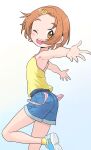  1girl armpits ass blue_background blue_footwear blue_shorts brown_eyes child commentary_request denim denim_shorts flat_chest forehead hair_ornament hairclip highres idolmaster idolmaster_cinderella_girls leg_up legs looking_at_viewer one_eye_closed open_mouth orange_hair outstretched_arms parted_bangs ryuzaki_kaoru shirt shoes short_hair shorts smile sneakers socks solo suspender_shorts suspenders teeth thighs upper_teeth_only yama_tatsuo yellow_shirt yellow_socks 