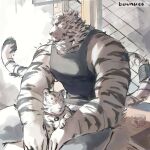  1boy animal_ears arknights artist_name bell black_shirt book bounsies cup denim drinking_glass english_commentary furry furry_male glass grey_pants highres jingle_bell looking_to_the_side male_focus mountain_(arknights) muscular muscular_male pants profile shirt shot_glass sitting sleeveless sleeveless_shirt tail tiger tiger_boy tiger_ears tiger_stripes tiger_tail 