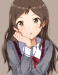  black_hair blush brown_background buttons collar collarbone commentary_request dot_nose grey_serafuku grey_shirt hair_over_shoulder head_rest idolmaster idolmaster_million_live! idolmaster_million_live!_theater_days junior_high_schoolmate_(idolmaster) kitazawa_shiho long_hair long_sleeves looking_at_viewer naruse_nagi neck_ribbon official_alternate_costume parted_bangs parted_lips plaid_collar red_ribbon ribbon school_uniform serafuku shirt sidelocks simple_background straight_hair upper_body wavy_hair white_collar yellow_eyes 