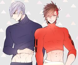  2boys abs brown_eyes brown_hair closed_eyes crop_top grey_background grey_hair hair_over_one_eye ishida_mitsunari_(sengoku_basara) kkkaaaayyy long_sleeves looking_at_viewer male_focus midriff multicolored_hair multiple_boys navel purple_shirt red_shirt redhead sengoku_basara shima_sakon_(sengoku_basara) shirt short_hair simple_background smile toned toned_male triangle turtleneck two-tone_hair upper_body 