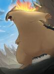  black_fur blue_sky clouds day dorobo_93 fangs fire highres no_humans open_mouth outdoors pokemon pokemon_(creature) red_eyes rock sky solo standing two-tone_fur typhlosion yellow_fur 