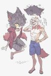  2boys aak_(arknights) animal_ear_piercing arknights arm_support black_hair blue_shorts cat_boy closed_eyes colored_sclera dog_boy full_body furry furry_male gold_bracelet grey_shorts highres hood hood_down horns hung_(arknights) jacket long_hair male_focus multiple_boys open_mouth pectorals red_jacket sandals shorts single_horn squeans topless_male translation_request uochandayo yellow_sclera 
