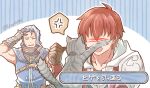  2boys adol_christin anger_vein brown_gloves cat closed_eyes commentary_request duren_(ys) gauntlets gloves grey_fur male_focus mature_male medium_hair mishiro_(andante) multiple_boys open_mouth redhead scratches short_hair spoken_anger_vein sweat translation_request white_hair ys ys_memories_of_celceta 