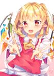  1girl ascot blonde_hair chisiro_unya_(unya_draw) crystal_wings double_v flandre_scarlet highres open_mouth pointy_ears puffy_short_sleeves puffy_sleeves short_sleeves side_ponytail simple_background solo touhou v white_background yellow_ascot 