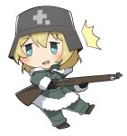  1girl blonde_hair blue_eyes blush brown_footwear chibi coat combat_helmet commission cross english_commentary full_body fur-trimmed_coat fur_trim gloves green_coat green_pants gun hair_between_eyes helmet holding holding_gun holding_weapon hood leg_up long_hair looking_ahead looking_to_the_side military military_uniform open_mouth pants shoujo_shuumatsu_ryokou spawfin stahlhelm standing standing_on_one_leg uniform weapon white_background yuuri_(shoujo_shuumatsu_ryokou) zipper 