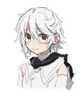  1girl absurdres bare_shoulders blush elbow_gloves eyemask gloves grey_hair hair_between_eyes highres red_eyes short_hair shy_(character) shy_(series) simple_background solo takatisakana white_background 