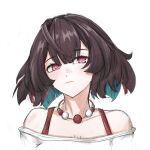  1girl absurdres bare_shoulders black_hair closed_mouth colored_inner_hair english_commentary floating_hair hair_between_eyes highres honkai:_star_rail honkai_(series) jewelry light_blush looking_at_viewer medium_hair mikasciii multicolored_hair necklace off-shoulder_shirt off_shoulder red_eyes shirt simple_background solo white_background xueyi_(honkai:_star_rail) 
