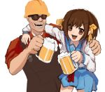  1boy 1girl alcohol beer beer_stein blue_sky brown_eyes brown_hair brown_overalls crossover engineer_(tf2) hard_hat hat helmet kita_high_school_uniform meatcat overalls red_engineer_(tf2) red_shirt school_uniform shirt sketch sky suzumiya_haruhi suzumiya_haruhi_no_yuuutsu team_fortress_2 white_background yellow_hat 