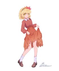  1girl :o absurdres aki_shizuha blonde_hair brown_footwear brown_hairband commentary_request full_body hair_ornament hairband highres kneehighs leaf_hair_ornament loafers looking_at_viewer open_mouth orange_skirt red_shirt shirt shoes simple_background skirt skirt_hold socks solo touhou white_background white_socks yellow_eyes zyryab 