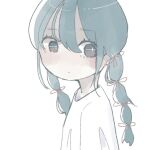  1girl aqua_hair from_side long_hair looking_at_viewer looking_to_the_side multi-tied_hair original shiromesea shirt simple_background solo twintails upper_body white_background white_shirt 