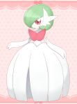  1girl absurdres artist_name bare_shoulders bob_cut closed_mouth colored_skin commentary_request dress elbow_gloves full_body gardevoir gloves green_hair hair_over_one_eye happy highres long_dress mega_gardevoir mega_pokemon meru_(mer_milky77) one_eye_covered partial_commentary pink_background pokemon pokemon_(creature) red_eyes short_hair signature smile solo standing strapless strapless_dress twitter_username white_dress white_gloves white_skin 