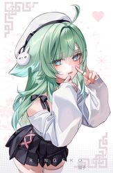  1girl @_@ ahoge alternate_costume artist_name black_skirt blush commentary contemporary cowboy_shot droopy_ears embarrassed finger_to_face green_eyes green_hair hair_ornament hat highres honkai:_star_rail honkai_(series) huohuo_(honkai:_star_rail) long_hair long_sleeves looking_at_viewer off-shoulder_shirt off_shoulder rabbit_hair_ornament ringeko-chan shirt sidelocks skirt sleeves_past_wrists solo standing thigh-highs v very_long_hair white_background white_hat white_shirt white_thighhighs 