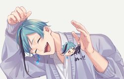  1boy blue_hair cardigan character_doll closed_eyes floyd_leech grey_background grey_cardigan male_focus michihito sharp_teeth short_hair simple_background solo teeth twisted_wonderland upper_body 