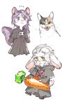  2boys 3: 5altybitter5 :3 animal_ears braid carrot cat closed_mouth emet-selch final_fantasy final_fantasy_xiv grey_robe highres hythlodaeus kemonomimi_mode long_sleeves mask mask_around_neck mini_person miniboy multiple_boys notice_lines purple_hair rabbit_ears rabbit_tail robe sophist&#039;s_robe_(ff14) tail violet_eyes 