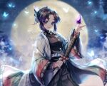  1girl animal_print aqua_butterfly artist_name belt belt_buckle black_hair black_hakama black_jacket blush buckle bug butterfly butterfly_hair_ornament butterfly_on_hand buttons demon_slayer_uniform full_moon glowing_butterfly gradient_hair gradient_haori green_haori hair_bun hair_ornament hakama hakama_pants hands_up haori holding holding_sword holding_weapon jacket japanese_clothes kimetsu_no_yaiba kochou_shinobu long_sleeves looking_at_viewer moon multicolored_hair no_pupils pants parted_bangs pink_haori purple_butterfly purple_hair sasucchi95 short_hair solo sword turtleneck violet_eyes weapon white_belt white_haori 