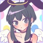  1girl :o angel_wings animal_ears bare_shoulders black_hair blush earrings fake_animal_ears feathered_wings fire_emblem fire_emblem:_genealogy_of_the_holy_war halo jewelry larcei_(fire_emblem) looking_at_viewer open_mouth rabbit_ears ribbon sidelocks simple_background solo spaghetti_strap strayblackfool white_wings wings 