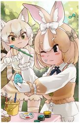  2girls :3 absurdres animal_ears animal_print bare_shoulders blonde_hair blue_bow blue_bowtie blush bow bowtie brown_bow brown_dress brown_eyes brown_vest cat_(kemono_friends) cat_ears cat_girl cat_print cat_tail collar collared_dress domestic_rabbit_(kemono_friends) dress easter_egg egg elbow_gloves extra_ears gloves hair_between_eyes hair_bow high-waist_skirt highres japari_symbol kemono_friends light_brown_hair long_sleeves multicolored_hair multiple_girls one_eye_closed paint_splatter paint_splatter_on_face paintbrush print_bow print_bowtie print_skirt print_thighhighs puffy_sleeves rabbit_ears rabbit_girl rabbit_tail red_collar shirt sidelocks skirt sleeveless tail thigh-highs toriny two-tone_dress two-tone_hair vest white_bow white_dress white_gloves white_hair white_shirt yellow_eyes zettai_ryouiki 