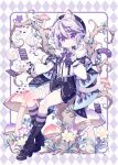 1boy ace_(playing_card) ace_of_clubs alice_in_wonderland animal_ears bandages black_shorts boots card cat_ears cat_tail cheshire_cat_(alice_in_wonderland) club_(shape) diamond_(shape) full_body hat heart highres hyou_(pixiv3677917) male_focus multicolored_hair mushroom original playing_card purple_hair shirt shorts socks solo spade_(shape) striped_clothes striped_socks suspenders tail violet_eyes 