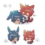  2boys :d ^_^ anger_vein animal_ears antenna_hair bite_mark biting black_necktie black_pants blue_hair chibi cleavage_cutout closed_eyes clothing_cutout collared_shirt commentary_request crossed_arms dark-skinned_male dark_skin diluc_(genshin_impact) ear_biting eyepatch genshin_impact hair_between_eyes hair_intakes hair_over_shoulder heart holding_ear jitome kaeya_(genshin_impact) koma_(km_mmmk) long_hair long_sleeves low_ponytail lying male_focus multicolored_hair multiple_boys necktie on_stomach one_eye_covered open_mouth pants parted_bangs ponytail rabbit rabbit_boy rabbit_ears red_eyes redhead shirt sidelocks simple_background smile speech_bubble spoken_anger_vein spoken_sweatdrop standing streaked_hair sweatdrop swept_bangs tail vest white_background white_shirt white_vest wolf wolf_boy wolf_ears wolf_tail 