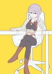  1girl absurdres bare_shoulders boots brown_footwear chair collarbone croix_meridies crossed_legs detached_sleeves green_eyes high_heel_boots high_heels highres little_witch_academia looking_afar nh3h2o on_chair purple_hair short_hair sidelocks sitting solo table 