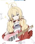  1girl ahoge blonde_hair blue_archive electric_guitar guitar hair_between_eyes halo highres instrument low_twintails simple_background sweat twintails uni_gyoza white_background yellow_eyes yoshimi_(band)_(blue_archive) yoshimi_(blue_archive) 