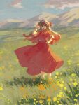  1girl brown_hair clouds commentary day full_body ge_dazuo green_eyes hand_up hat hat_ribbon highres long_hair looking_at_viewer meadow mountainous_horizon open_mouth original outdoors red_ribbon red_shirt red_skirt ribbon shirt short_sleeves skirt skirt_set smile solo standing white_hat 