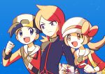  1girl 2boys :d absurdres backwards_hat black_hair black_hat blue_background blue_overalls brown_eyes brown_hair chueog clenched_hand cowlick ethan_(pokemon) grey_eyes hand_up hat highres holding jacket long_hair long_sleeves lyra_(pokemon) multiple_boys open_mouth overalls pokemon pokemon_hgss red_jacket red_shirt redhead shirt short_hair silver_(pokemon) smile teeth tongue twintails upper_teeth_only 