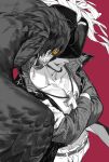  1boy beard bird black_hair cross cross_necklace dracule_mihawk eagle facial_hair hat hat_feather highres jewelry jyukawa looking_at_viewer male_focus muscular muscular_male mustache necklace one_piece open_clothes ringed_eyes tagme wings 