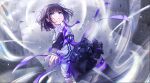  1girl blue_eyes breasts closed_mouth cowboy_shot floating_hair hair_ornament highres jacket long_sleeves nail_polish nayuta_(voice_actor) purple_hair purple_jacket purple_nails sanosomeha short_hair solo thigh-highs 