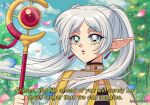  1990s_(style) 1girl artist_name blue_sky clouds earrings elf english_text fake_screenshot frieren green_eyes hanavbara jewelry petals pointy_ears retro_artstyle sky sousou_no_frieren staff subtitled tree twintails upper_body white_hair 