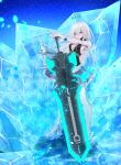  1girl absurdres blue_eyes dress highres ice looking_at_viewer meryl_(tower_of_fantasy) solo sword tower_of_fantasy weapon white_hair 