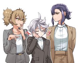  3girls braid brown_eyes brown_hair crown_braid cunnilingus_gesture gundam gundam_suisei_no_majo hair_between_eyes jacket long_sleeves miorine_rembran mitsu_(tendou_itsuki) multiple_girls pointing pointing_at_another purple_hair renee_costa sabina_fardin short_hair simple_background smile suit suit_jacket twintails 